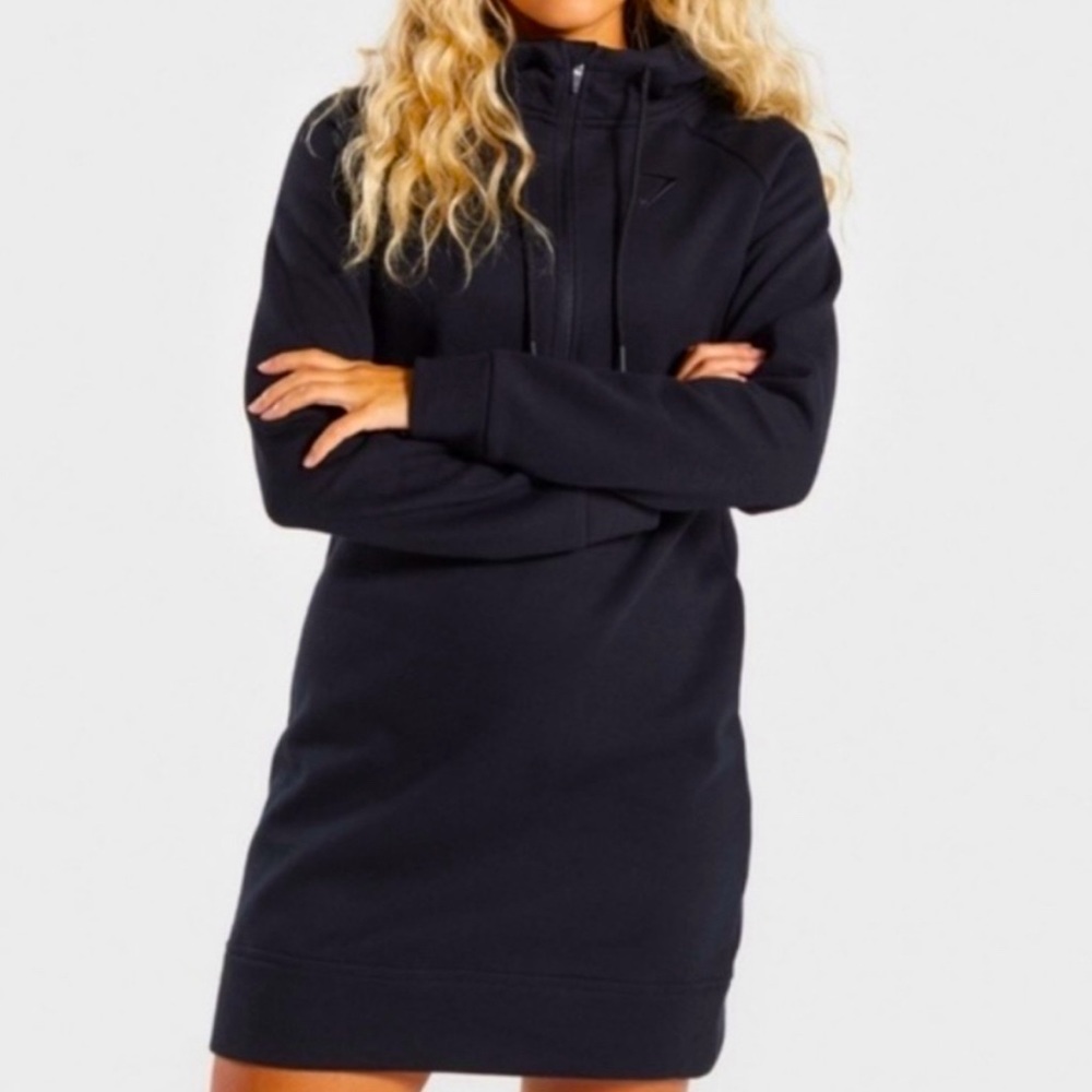 GymShark Athleisure Black Hoodie Mini Dress with Adjustable Waist Strings M 🖤